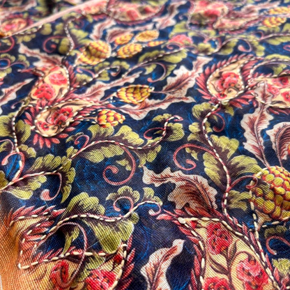 Soft Printed Linen Saree with Kantha Embroidery & Contrast Blouse – Blue & Orange | Mriksha