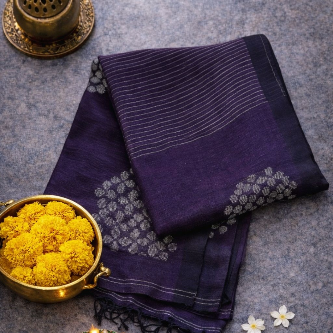 Pure Linen Jamdani Saree – Purple | Mriksha Sarees