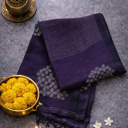 Pure Linen Jamdani Saree – Purple | Mriksha Sarees