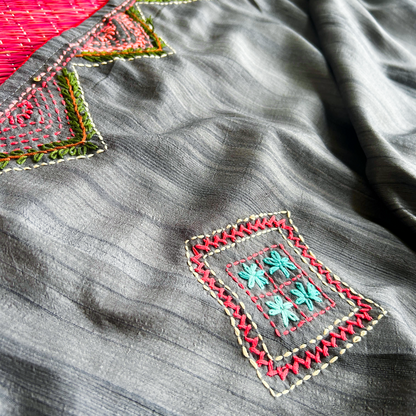 Grey Semi Tussar Silk Saree with Handwoven Lambani Work | Mriksha sarees
