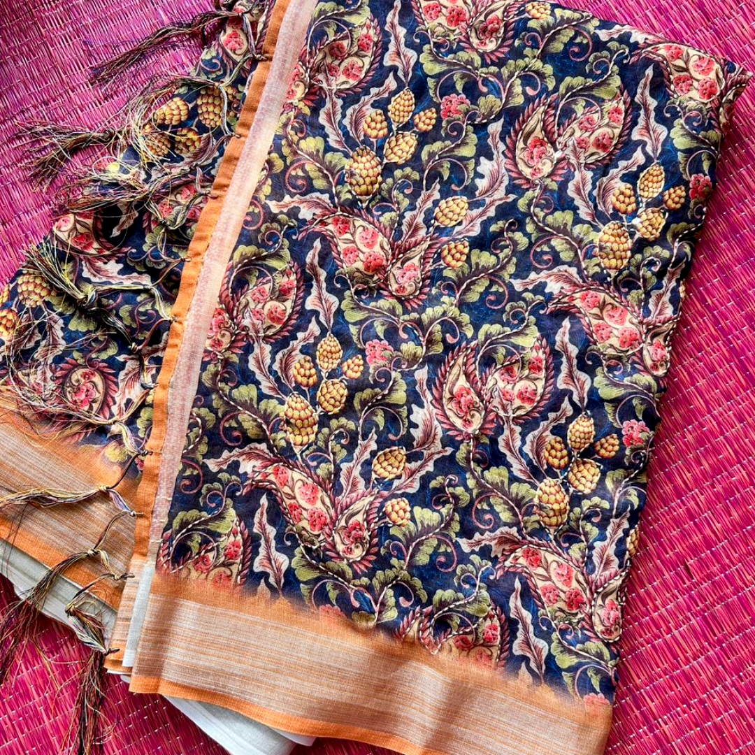 Soft Printed Linen Saree with Kantha Embroidery & Contrast Blouse – Blue & Orange | Mriksha
