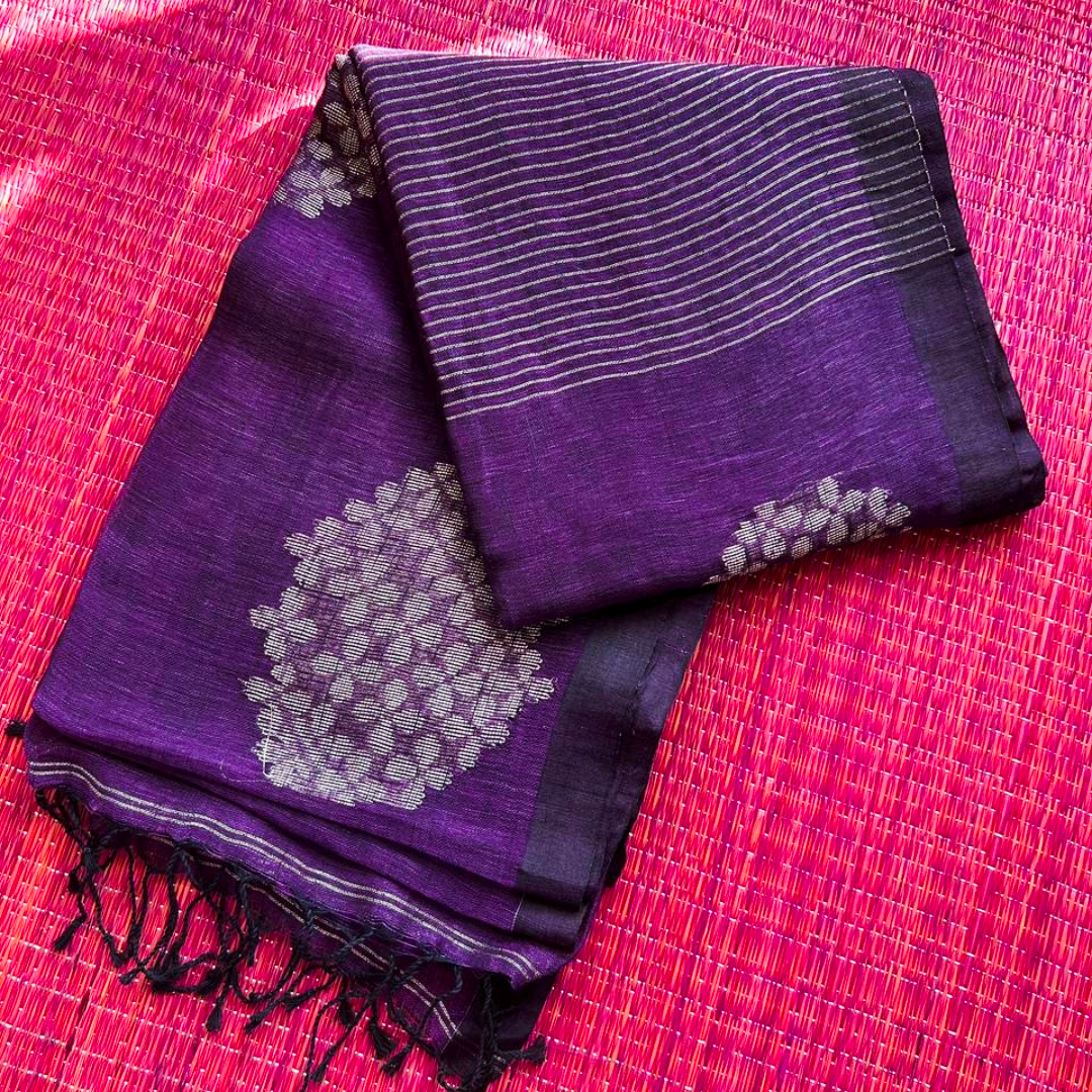 Pure Linen Jamdani Saree – Purple | Mriksha Sarees