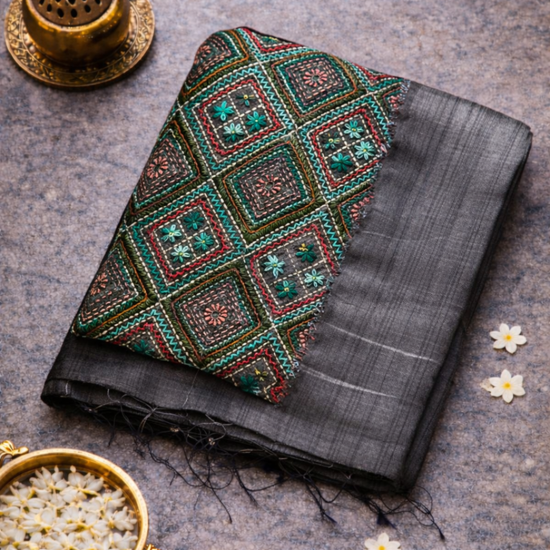 Grey Semi Tussar Silk Saree with Handwoven Lambani Work | Mriksha sarees