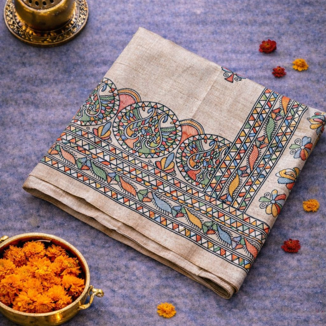 Beige Ghicha Silk Saree with Madhubani Girl Print & Chocolate Brown Blouse | Mriksha Sarees