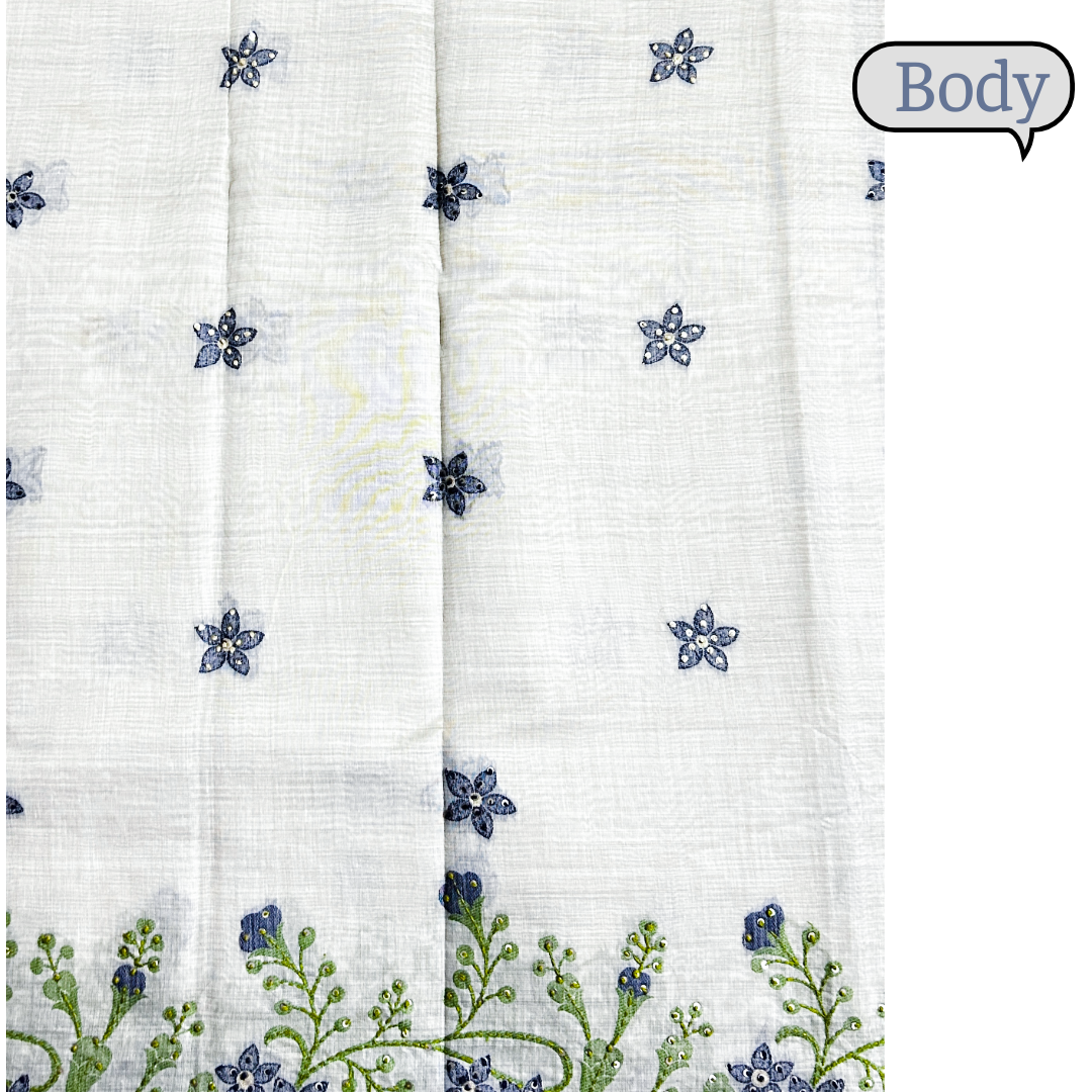 Cream Semi Tussar Silk Saree with Blue Handwoven Floral Kantha Work | Mriksha Sarees