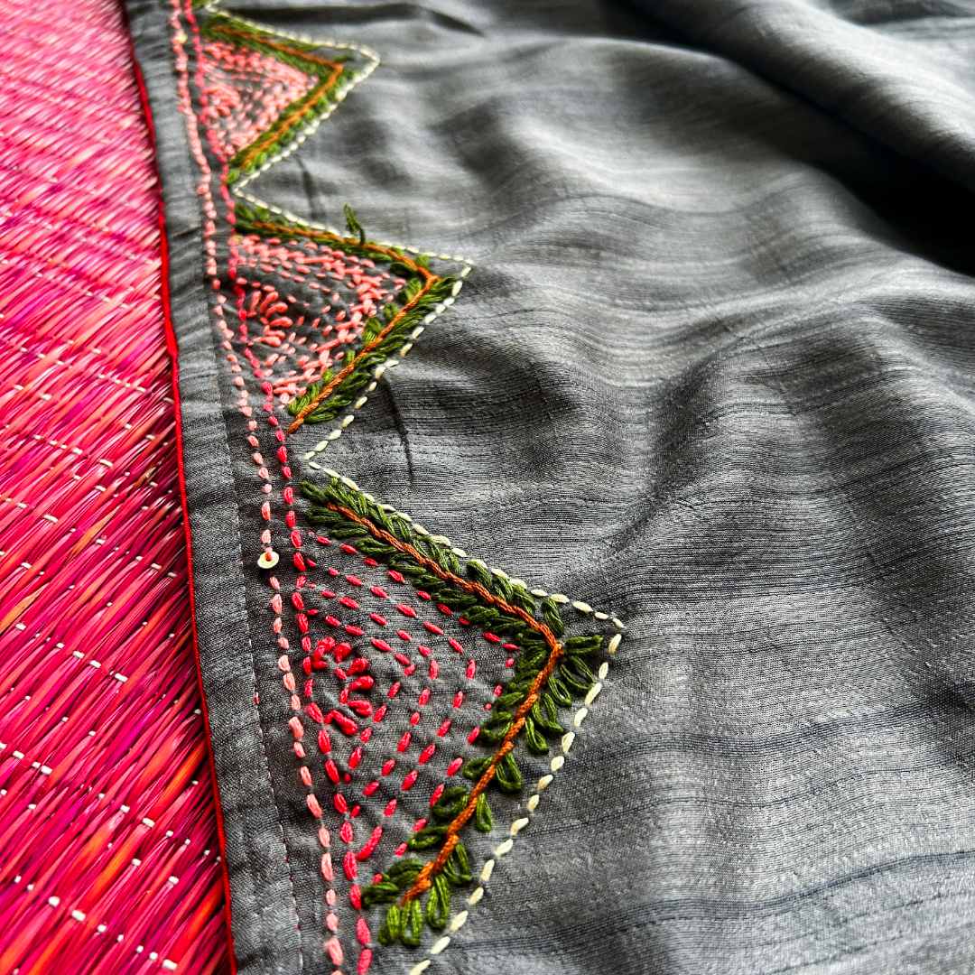 Grey Semi Tussar Silk Saree with Handwoven Lambani Work | Mriksha sarees