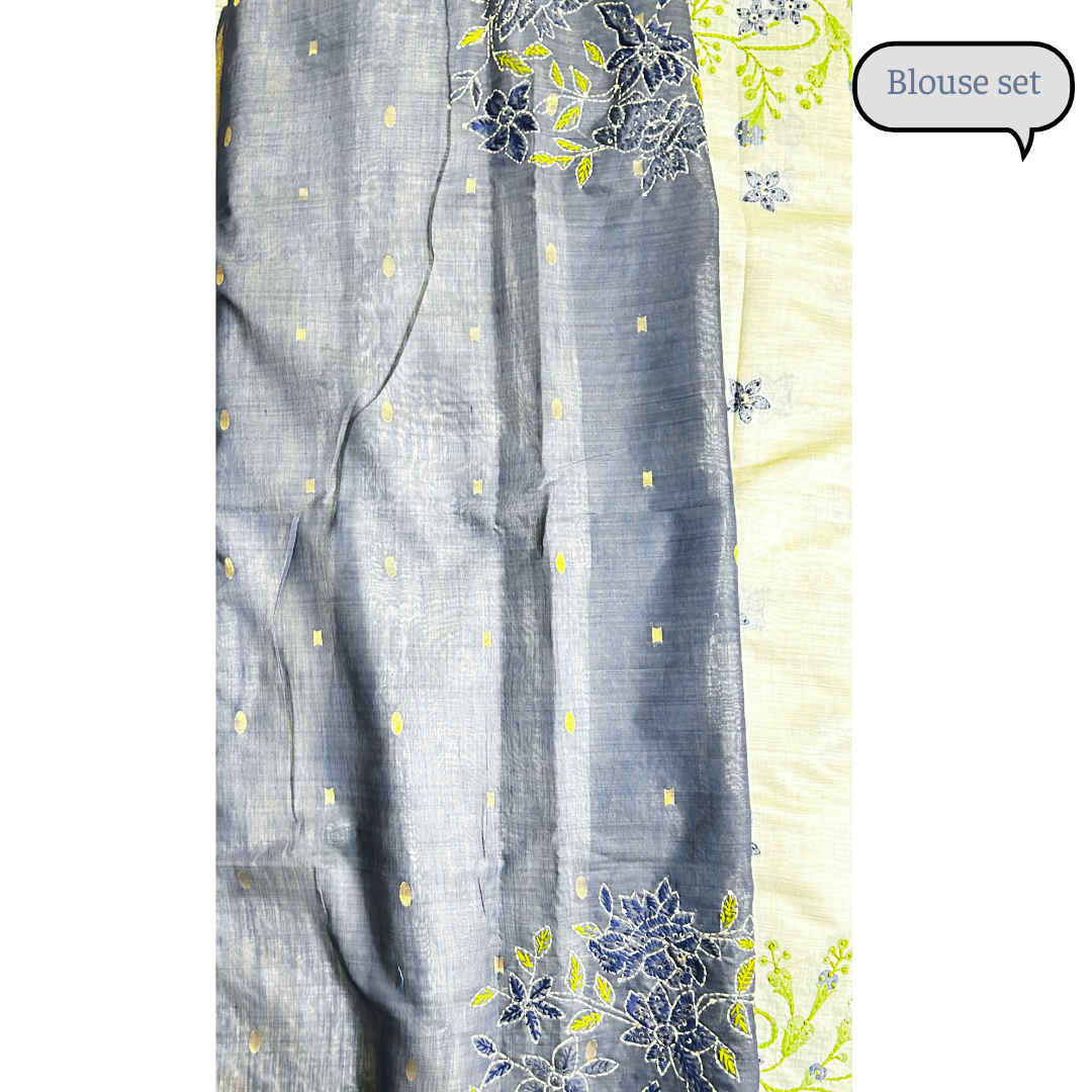 Cream Semi Tussar Silk Saree with Blue Handwoven Floral Kantha Work | Mriksha Sarees