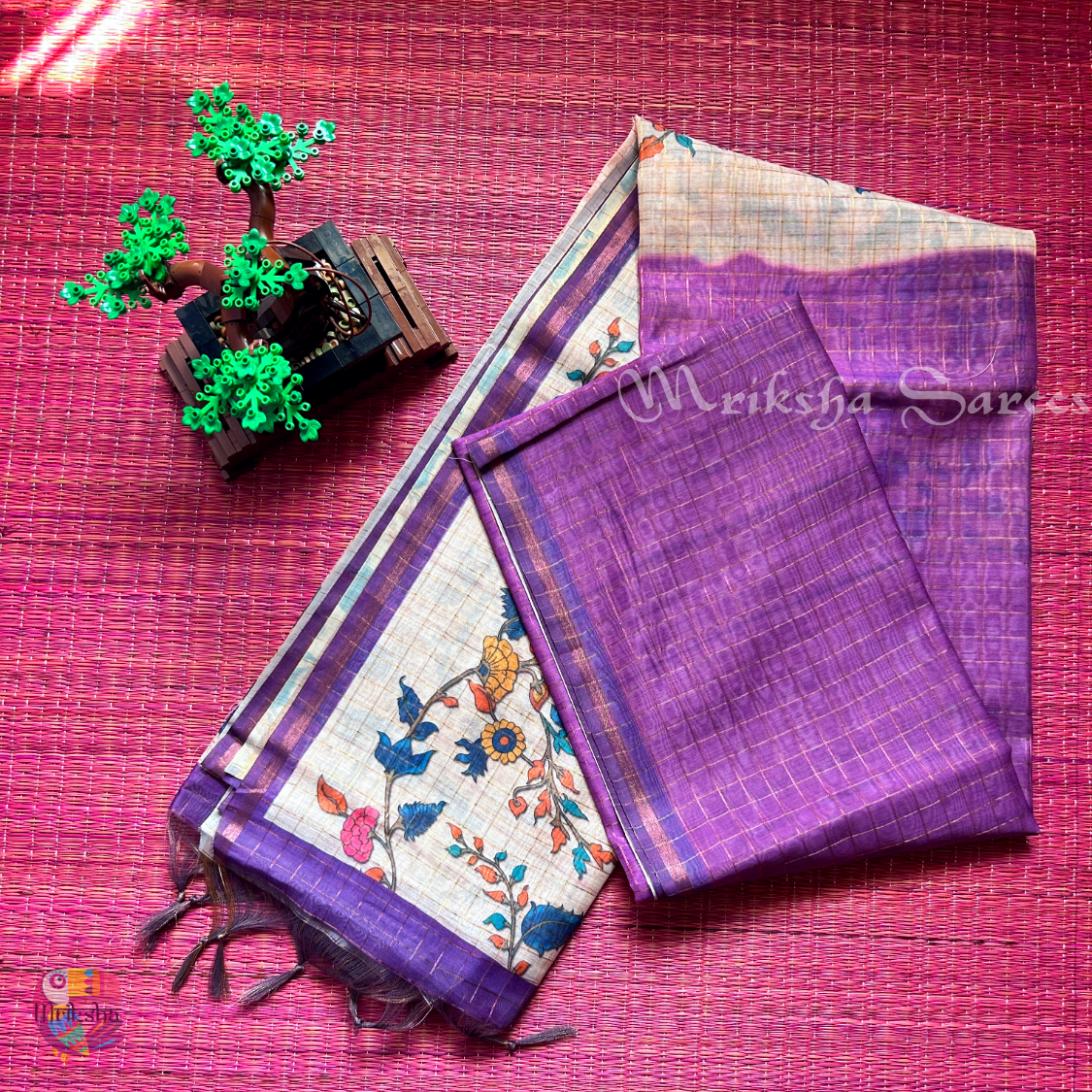 Silk Cotton Kalamkari & Checks Saree with Floral Printed Blouse – Tri-Gradient Shades (Pink, Violet, Blue)