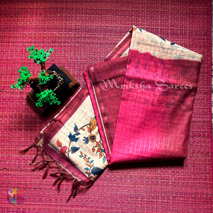 Silk Cotton Kalamkari & Checks Saree with Floral Printed Blouse – Tri-Gradient Shades (Pink, Violet, Blue)