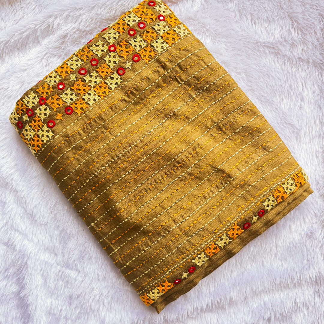 Bronze Semi Tussar Silk Saree with Kutch & Mirror Work