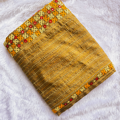 Bronze Semi Tussar Silk Saree with Kutch & Mirror Work
