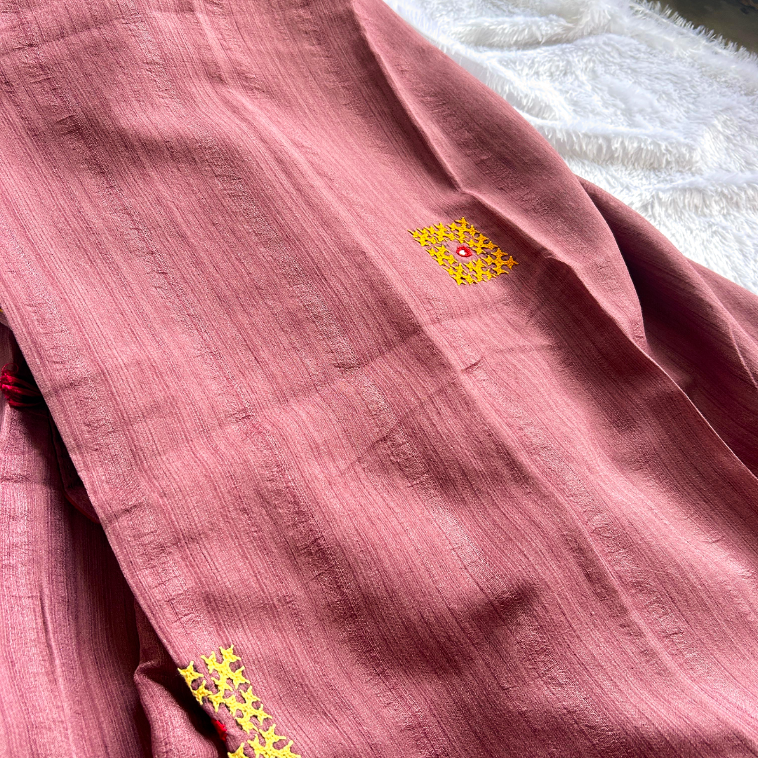 Onion Pink Semi Tussar Silk Saree with Kutch & Mirror Work