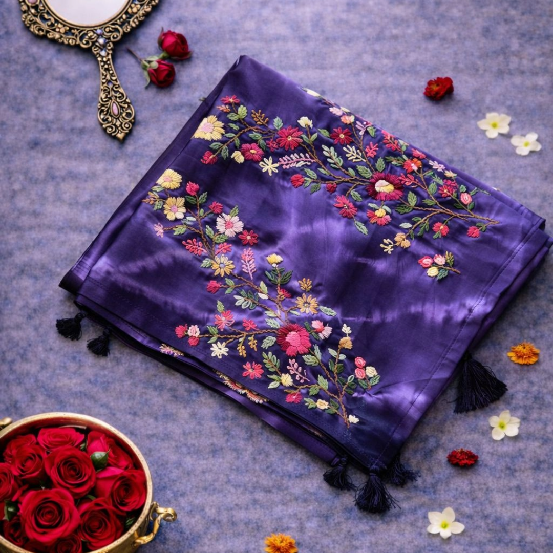 Tie & Dye Mashru Silk Saree with Handwoven Embroidery & Contrast Brocade Blouse | Purple & Black | Mriksha Sarees