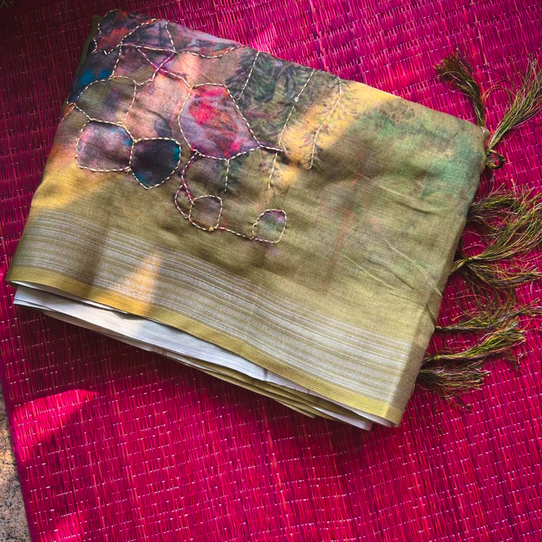 Soft Printed Linen Saree with Kantha Embroidery & Contrast Blouse – Light Green | Mriksha