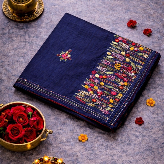 Royal Blue Semi Tussar Silk Saree with Hand Bullion Embroidery | Mriksha sarees