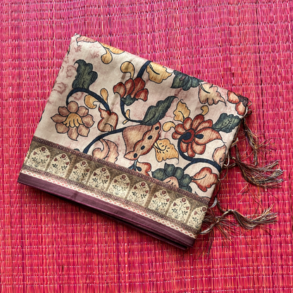 Beige & Brown Premium Tissue Kalamkari Printed Saree with Floral Border & Printed Blouse | Mriksha Sarees