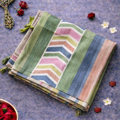 Beige Ghicha Silk Saree with Green Geometric Design Pallu & Blouse | Mriksha Sarees