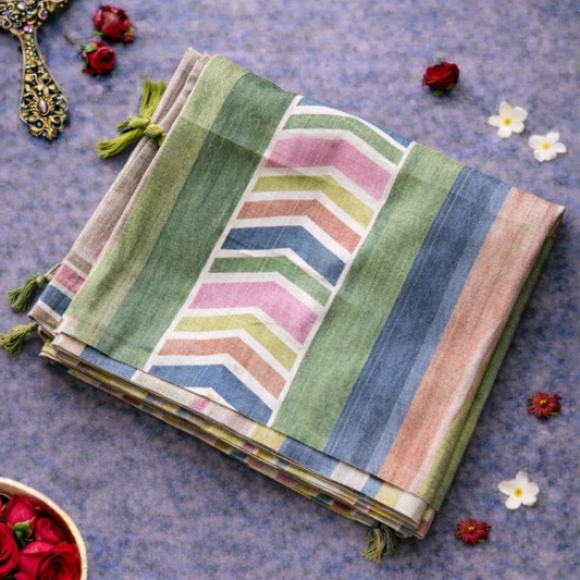 Beige Ghicha Silk Saree with Green Geometric Design Pallu & Blouse | Mriksha Sarees