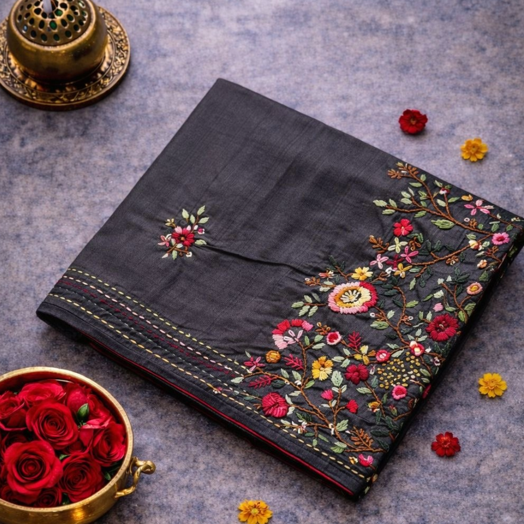 Dark Grey Raw Silk Saree with Parsi Work | Mriksha Sarees