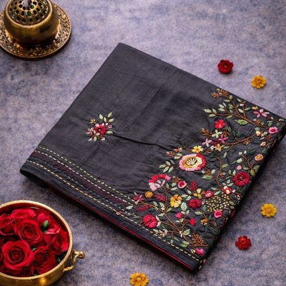 Dark Grey Raw Silk Saree with Parsi Work | Mriksha Sarees