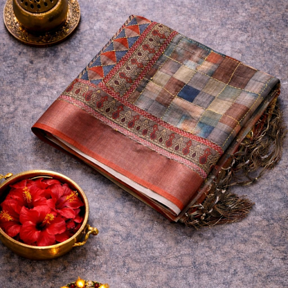 Soft Printed Linen Saree with Kantha Embroidery | Multicoloured Checks