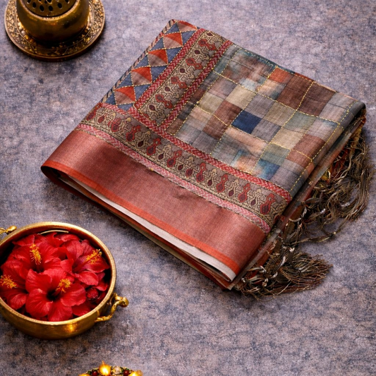 Soft Printed Linen Saree with Kantha Embroidery | Multicoloured Checks