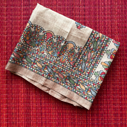 Beige Ghicha Silk Saree with Madhubani Girl Print & Chocolate Brown Blouse | Mriksha Sarees