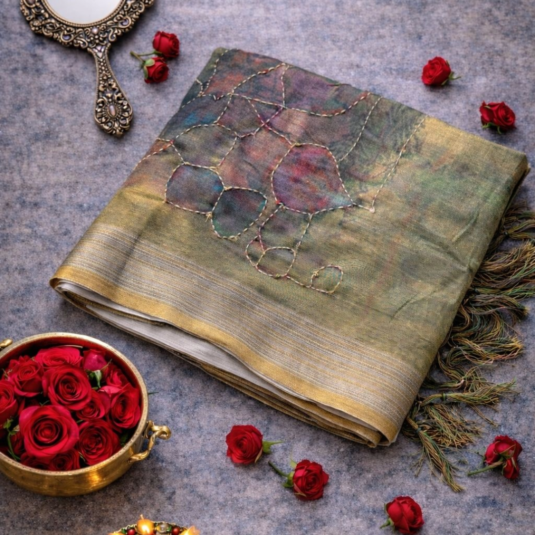 Soft Printed Linen Saree with Kantha Embroidery & Contrast Blouse – Light Green | Mriksha