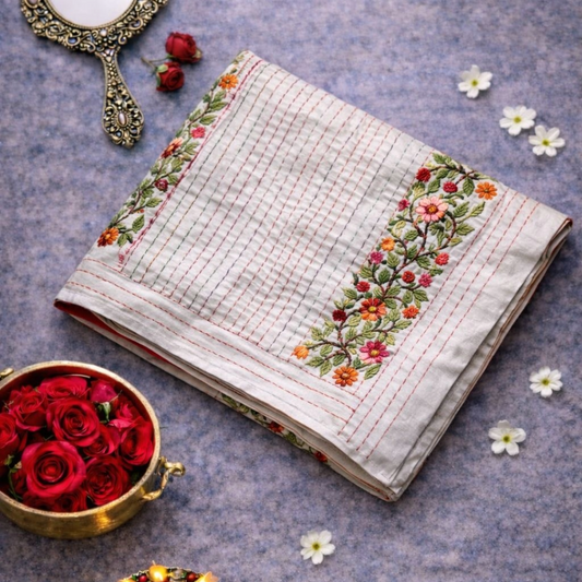 Silver Semi Tussar Silk Saree with Handwoven Bullion Stitch Work | Mriksha Sarees