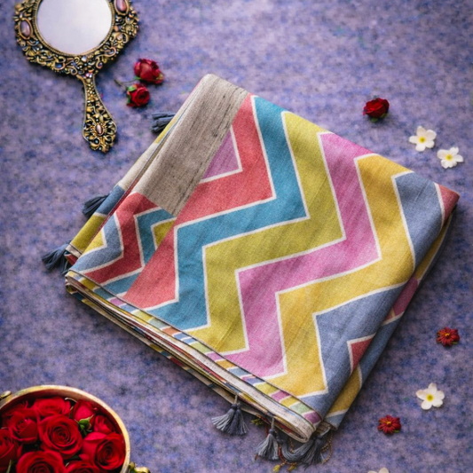 Beige Ghicha Silk Saree with Multicolour Geometric Pallu & Blouse | Mriksha Sarees