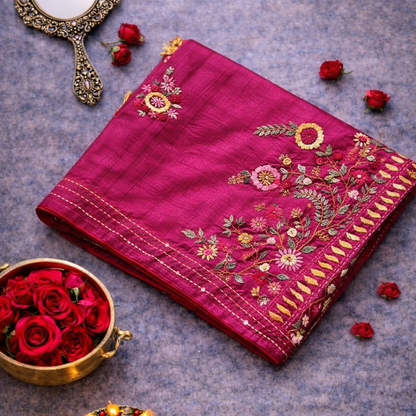 Reddish Pink Raw Silk Saree with Handwoven Parsi Work | Mriksha Sarees