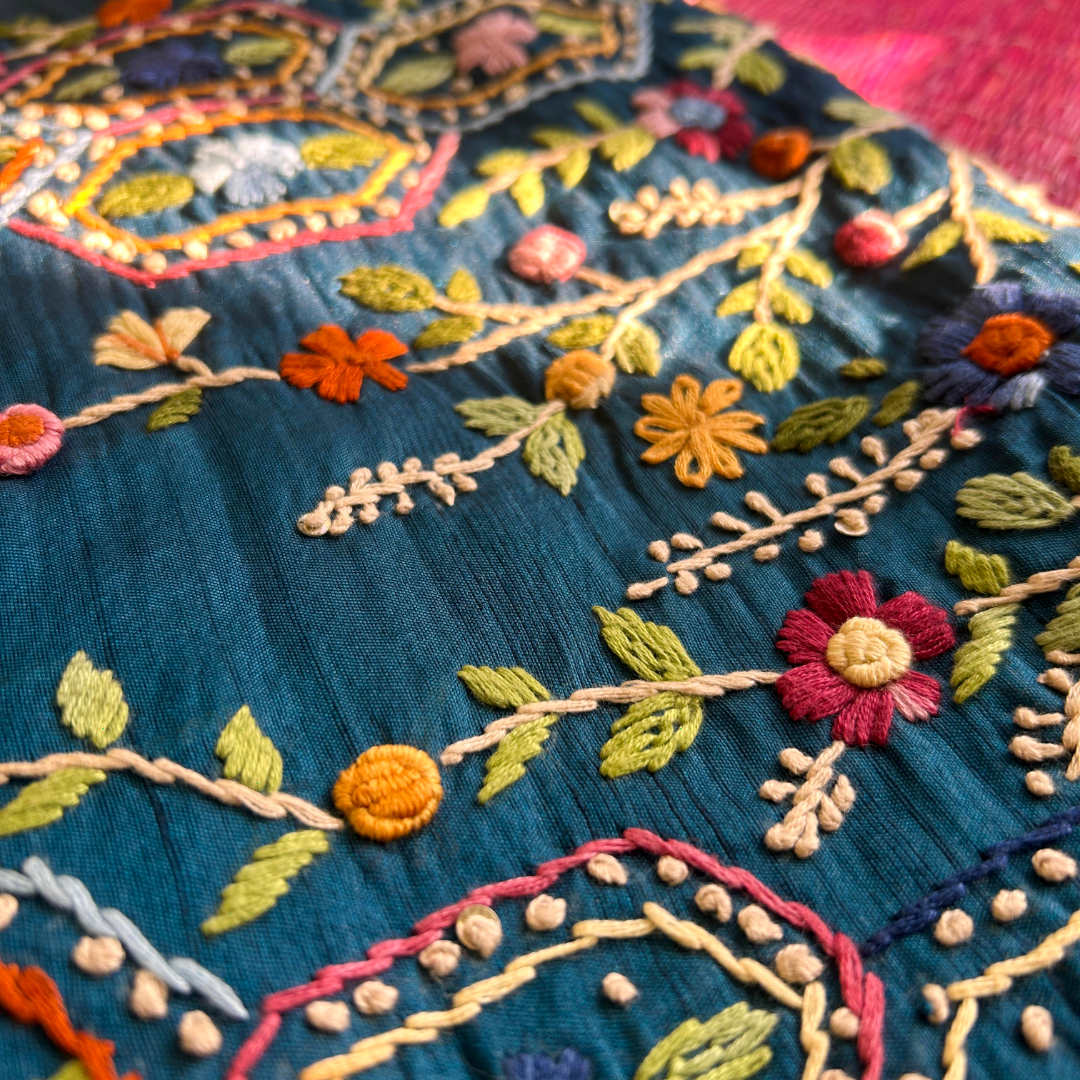 Teal Blue Semi Tussar Silk Saree with Hand Bullion Embroidery | Mriksha sarees