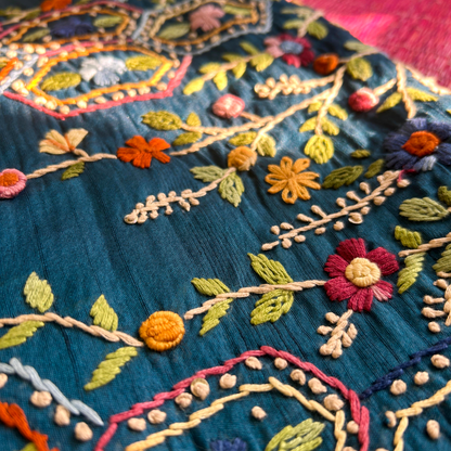 Teal Blue Semi Tussar Silk Saree with Hand Bullion Embroidery | Mriksha sarees