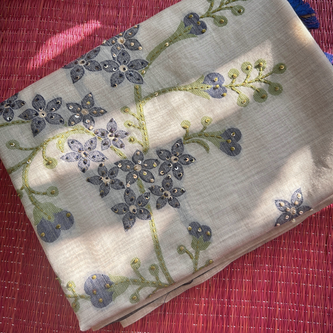 Cream Semi Tussar Silk Saree with Blue Handwoven Floral Kantha Work | Mriksha Sarees