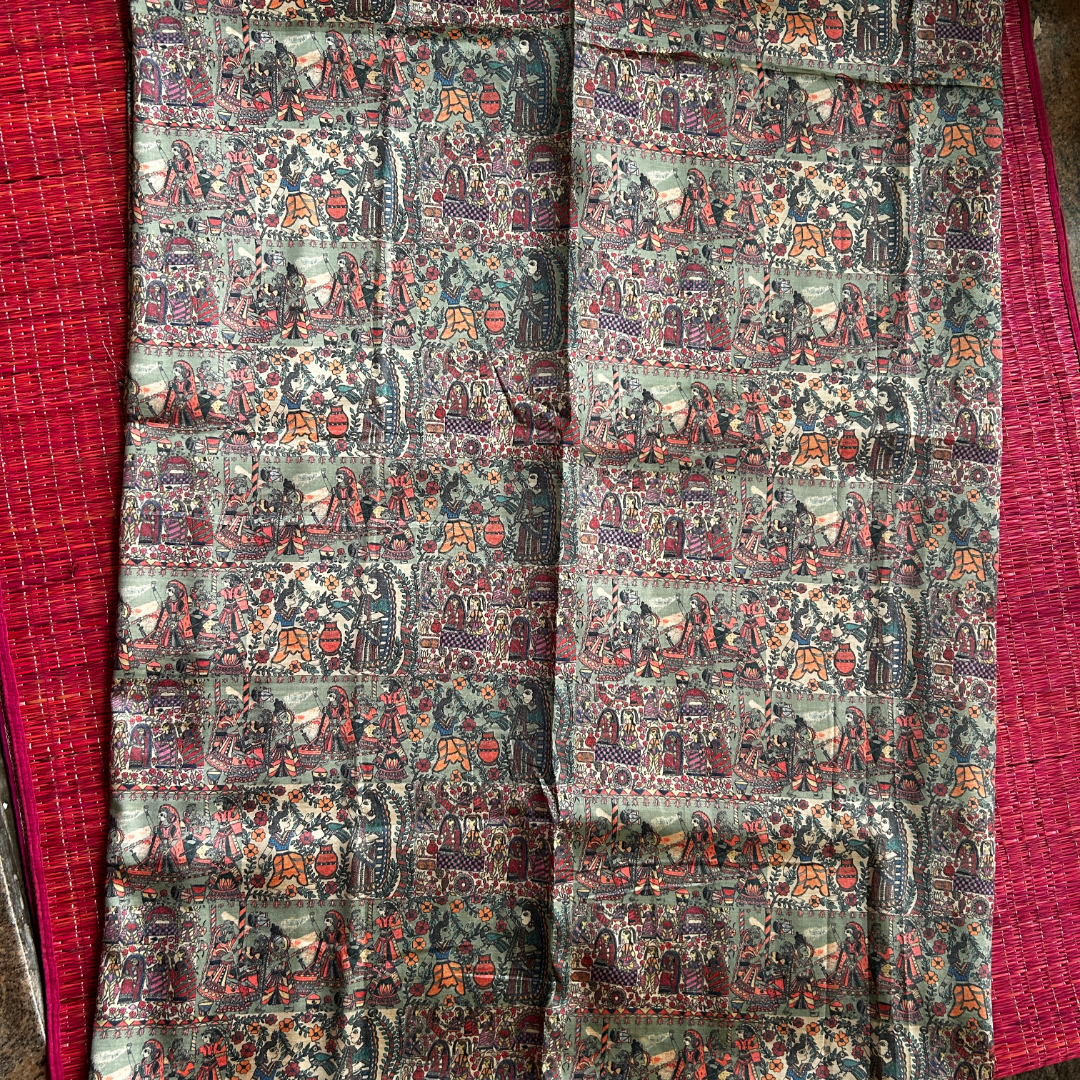 Dusty Green Digital Printed Saree with Copper Zari Border & Copper Brocade Blouse | Mriksha Sarees