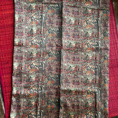 Dusty Green Digital Printed Saree with Copper Zari Border & Copper Brocade Blouse | Mriksha Sarees