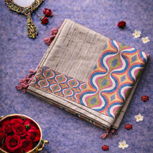 Beige Ghicha Silk Saree with Pink Curve Design Pallu & Blouse | Mriksha Sarees