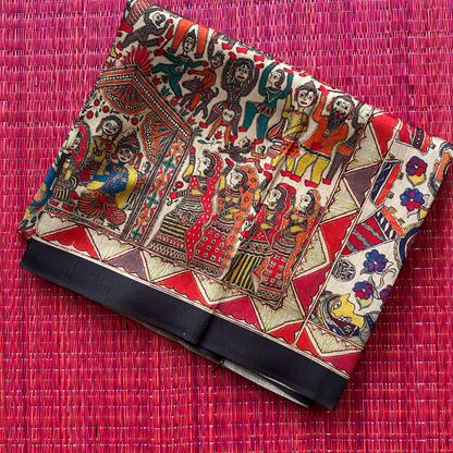 Beige Digital Printed Saree with Cave Painting Style Figurines & Plain Black Blouse | Mriksha Sarees