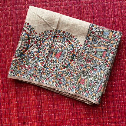 Beige Ghicha Silk Saree with Madhubani Peacock Print & Chocolate Brown Blouse | Mriksha Sarees