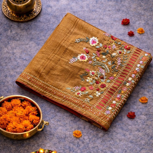 Mustard Brown Raw Silk Saree | Mriksha sarees