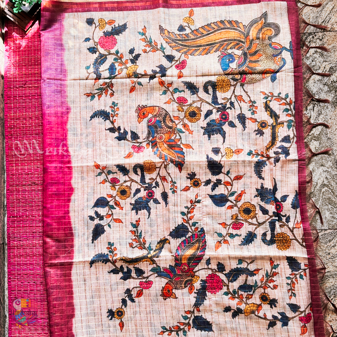 Silk Cotton Kalamkari & Checks Saree with Floral Printed Blouse – Tri-Gradient Shades (Pink, Violet, Blue)