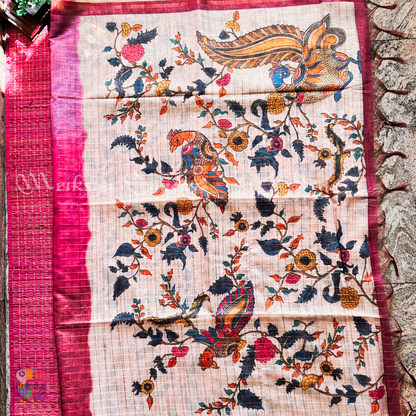 Silk Cotton Kalamkari & Checks Saree with Floral Printed Blouse – Tri-Gradient Shades (Pink, Violet, Blue)