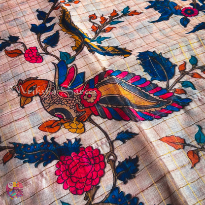 Silk Cotton Kalamkari & Checks Saree with Floral Printed Blouse – Tri-Gradient Shades (Pink, Violet, Blue)