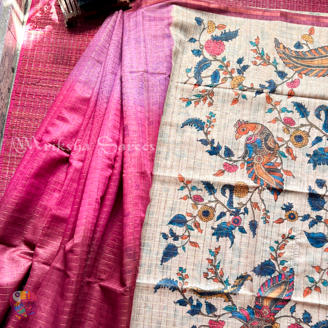Silk Cotton Kalamkari & Checks Saree with Floral Printed Blouse – Tri-Gradient Shades (Pink, Violet, Blue)