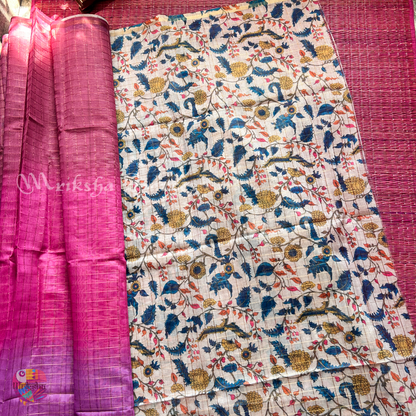 Silk Cotton Kalamkari & Checks Saree with Floral Printed Blouse – Tri-Gradient Shades (Pink, Violet, Blue)