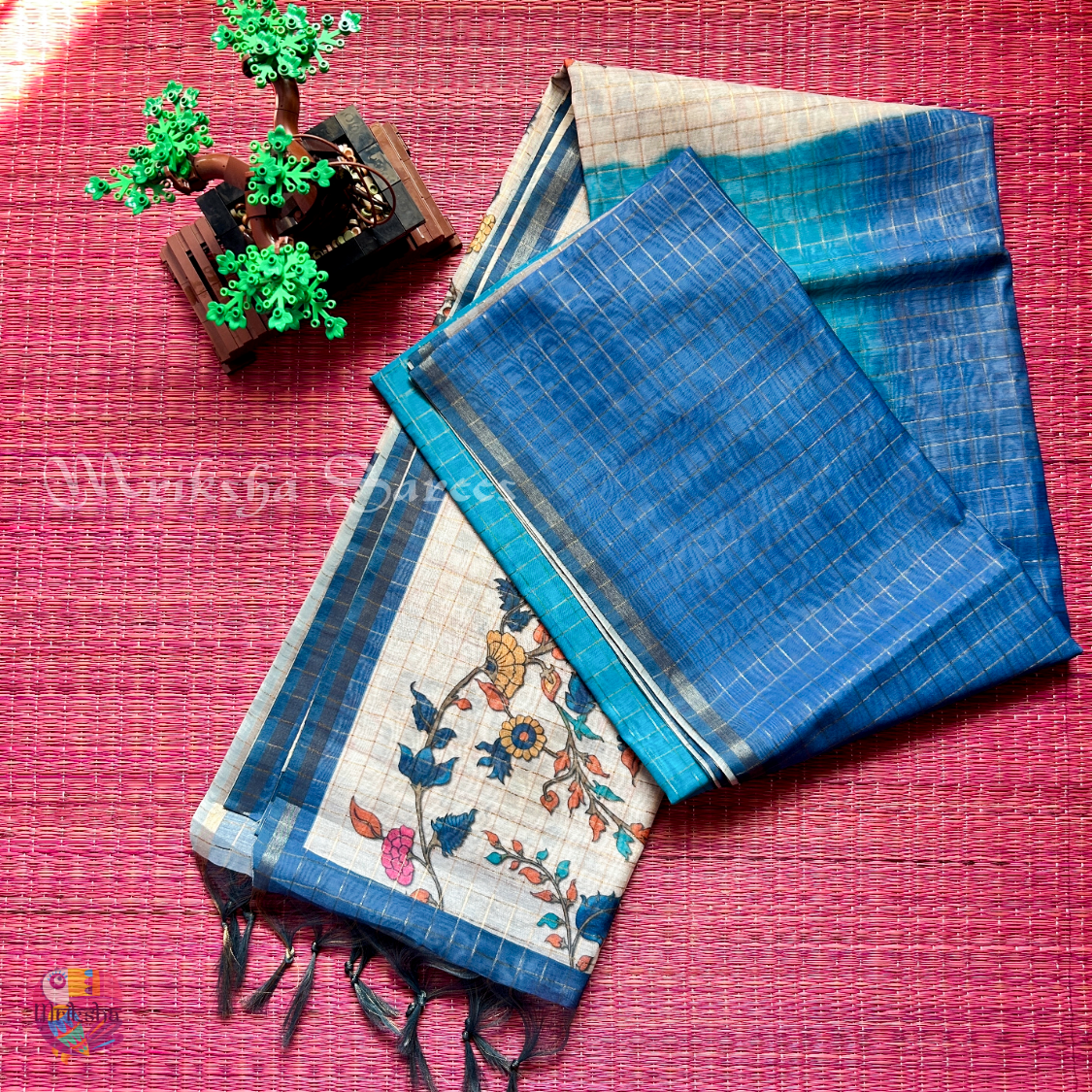 Silk Cotton Kalamkari & Checks Saree with Floral Printed Blouse – Tri-Gradient Shades (Pink, Violet, Blue)