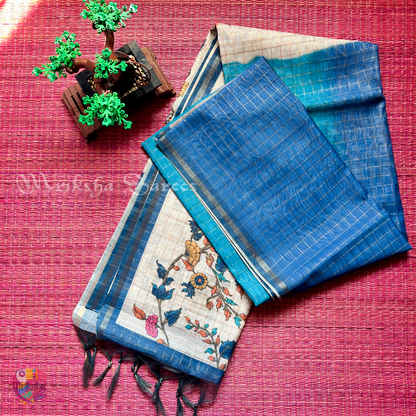 Silk Cotton Kalamkari & Checks Saree with Floral Printed Blouse – Tri-Gradient Shades (Pink, Violet, Blue)