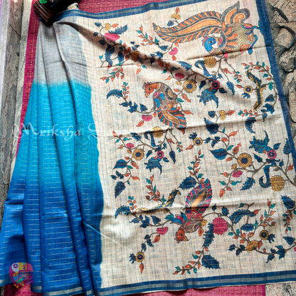 Silk Cotton Kalamkari & Checks Saree with Floral Printed Blouse – Tri-Gradient Shades (Pink, Violet, Blue)