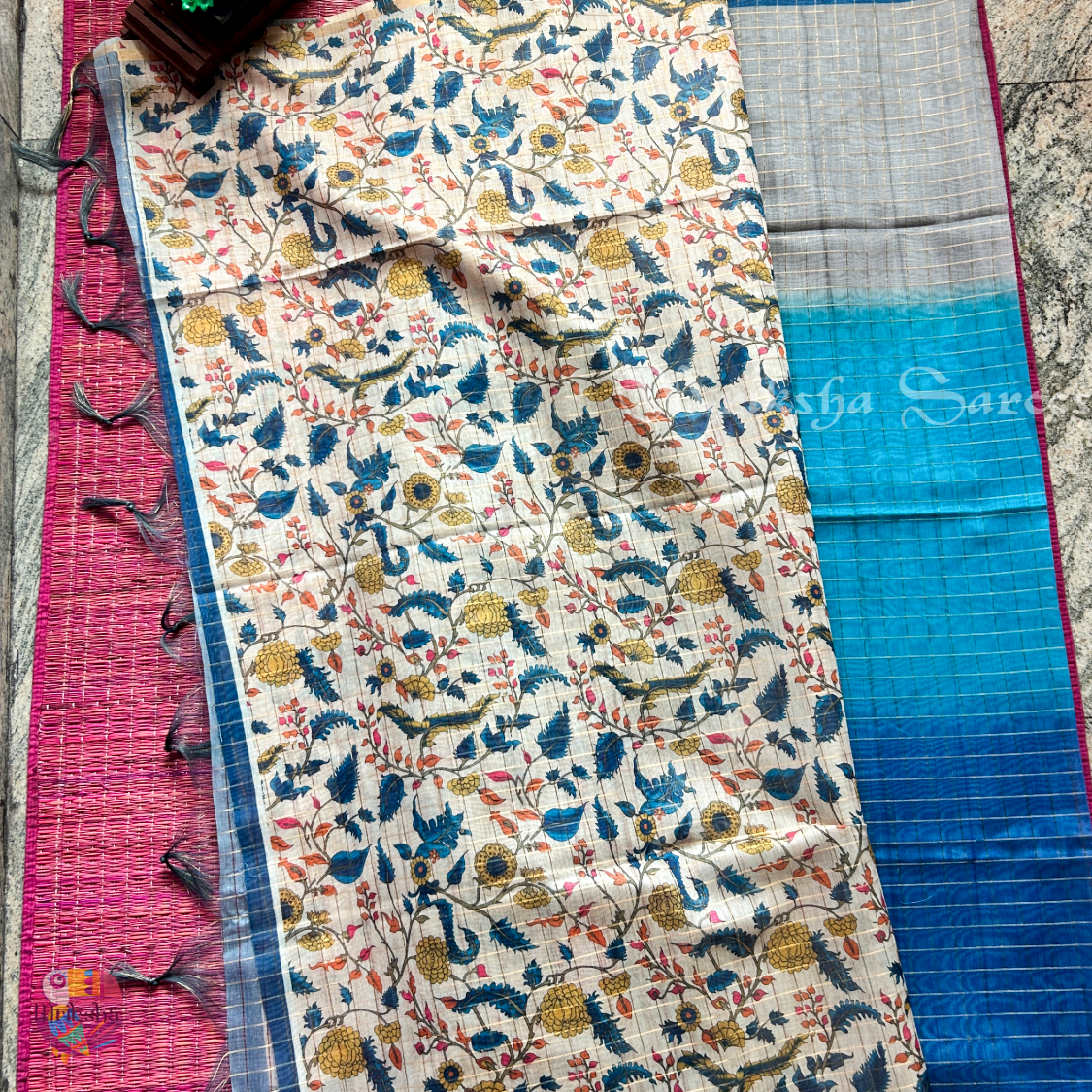 Silk Cotton Kalamkari & Checks Saree with Floral Printed Blouse – Tri-Gradient Shades (Pink, Violet, Blue)