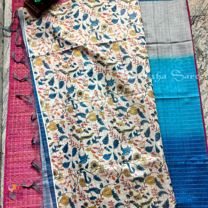 Silk Cotton Kalamkari & Checks Saree with Floral Printed Blouse – Tri-Gradient Shades (Pink, Violet, Blue)